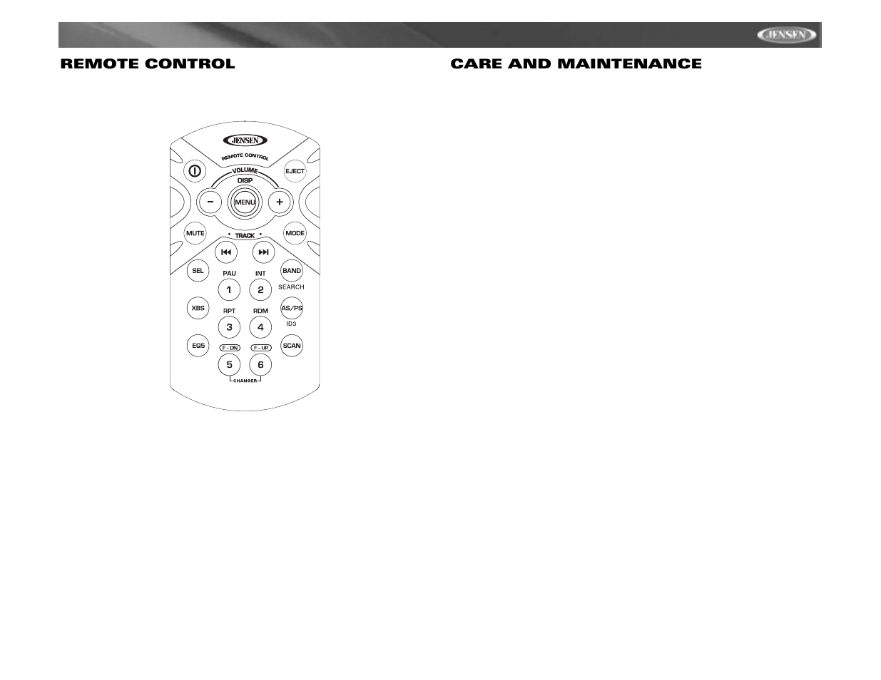 Cdx6311, Remote control, Care and maintenance | Jensen CDX6311 User Manual | Page 17 / 52
