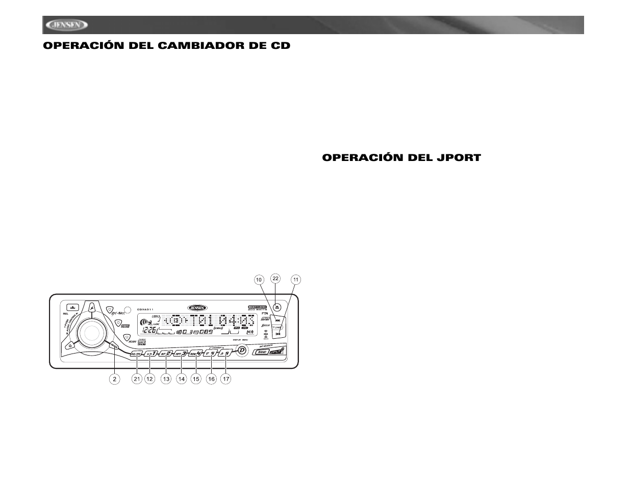 Cdx6311, Operación del cambiador de cd, Operación del jport | Jensen CDX6311 User Manual | Page 32 / 52