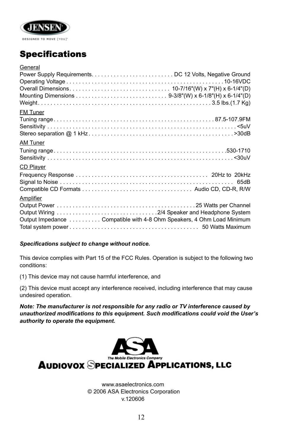 Specifications | Jensen AWM910 User Manual | Page 12 / 12