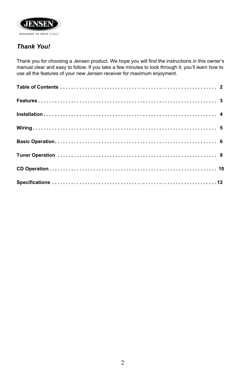 Thank you | Jensen AWM910 User Manual | Page 2 / 12