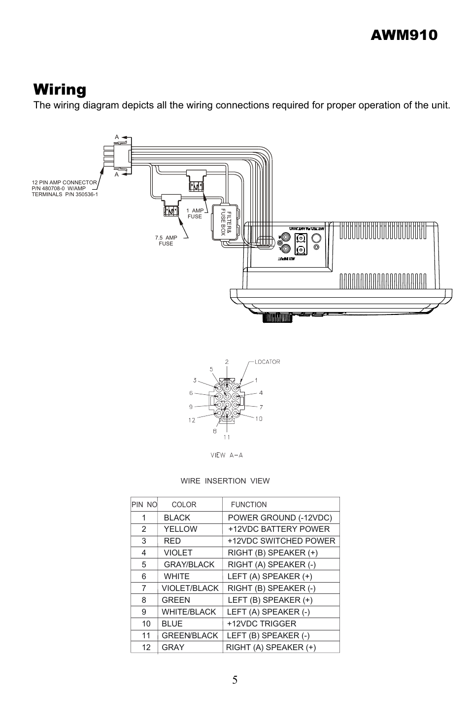 Wiring, Awm910 | Jensen AWM910 User Manual | Page 5 / 12