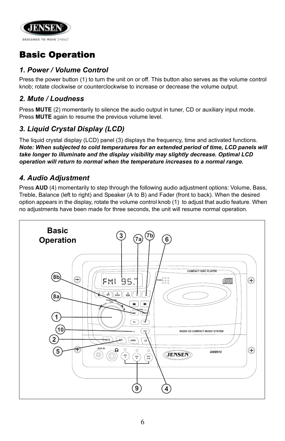Basic operation, Power / volume control, Mute / loudness | Liquid crystal display (lcd), Audio adjustment, 7a 7b 8a 8b, Jensen | Jensen AWM910 User Manual | Page 6 / 12