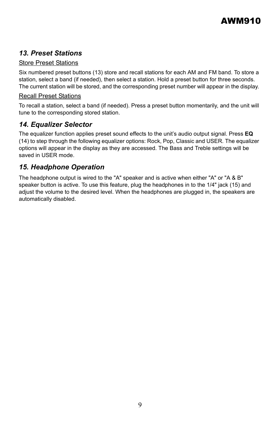 Preset stations, Equalizer selector, Headphone operation | Awm910 | Jensen AWM910 User Manual | Page 9 / 12