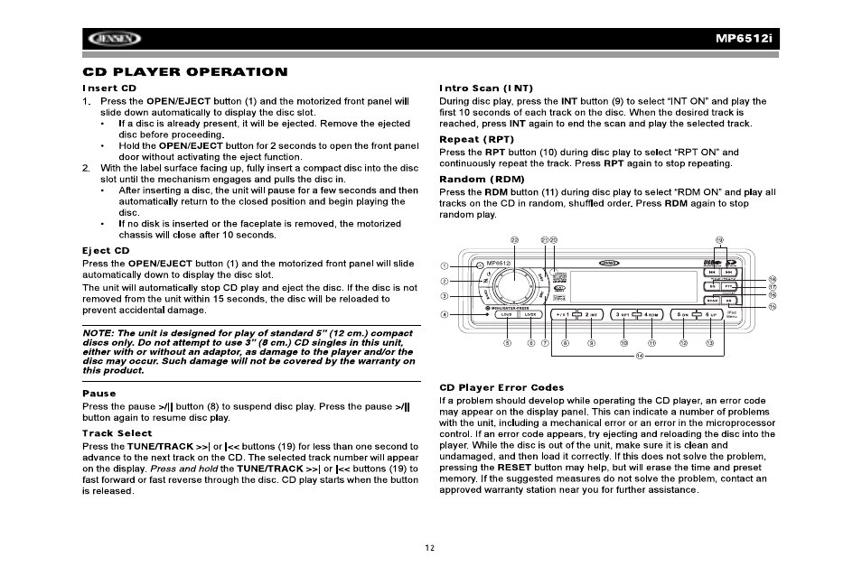 Jensen MP6512i User Manual | Page 16 / 30