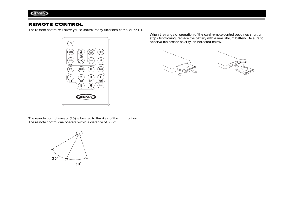 Mp6512i, Remote control | Jensen MP6512i User Manual | Page 24 / 30