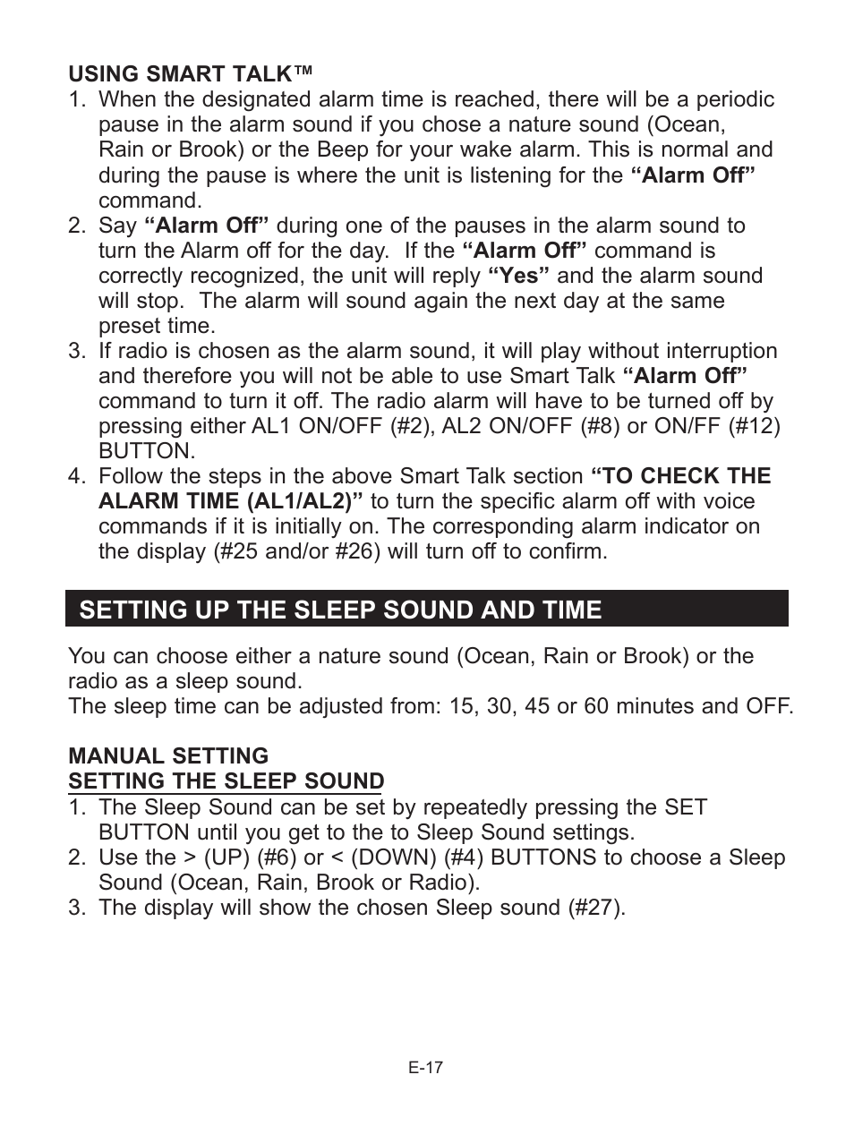 Setting up the sleep sound and time | Jensen Smart Talk JCR-290 User Manual | Page 18 / 25