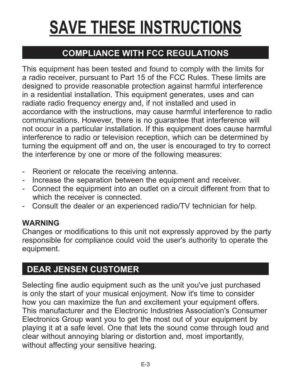 Save these instructions | Jensen Smart Talk JCR-290 User Manual | Page 4 / 25