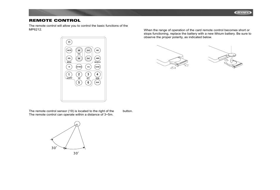 Mp6212, Remote control | Jensen MP6212 User Manual | Page 19 / 24