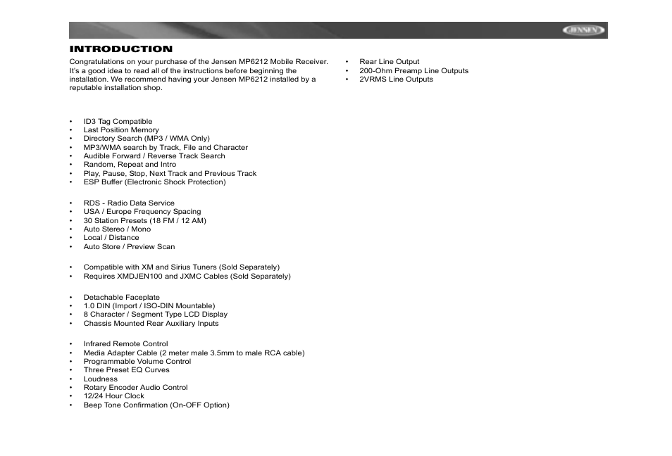 Jensen MP6212 User Manual | Page 3 / 24