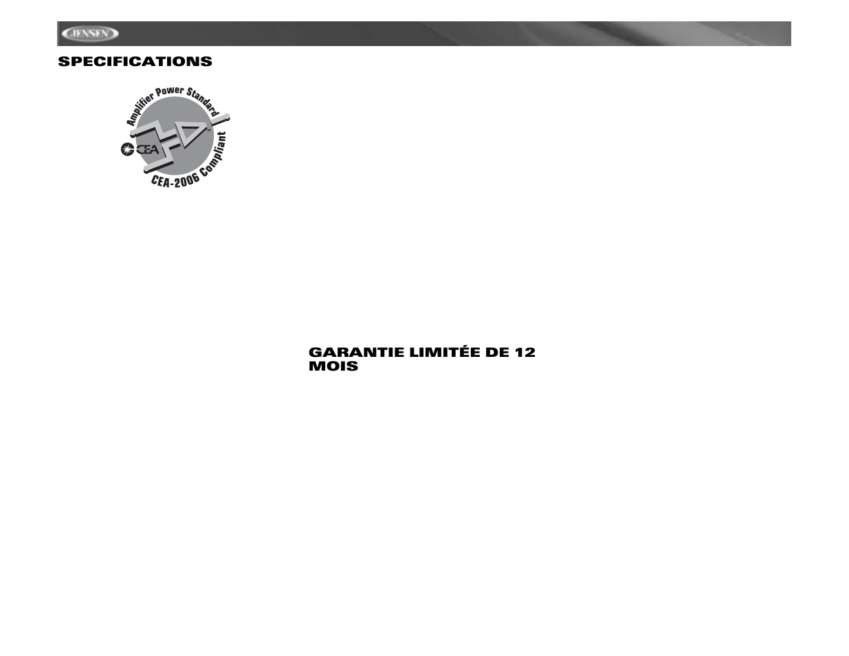 Vm9311ts specifications, Garantie limitée de 12 mois | Jensen vm9311ts User Manual | Page 96 / 96