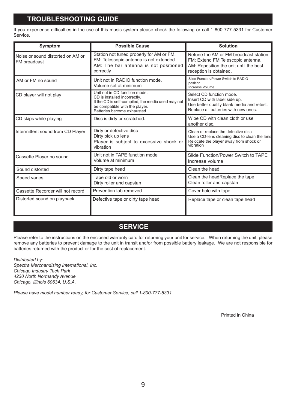 Service, Troubleshooting guide | Jensen Hello Kitty KT2028A User Manual | Page 10 / 10