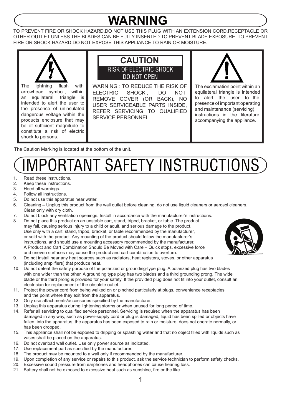 Important safety instructions, Warning, Caution | Risk of electric shock do not open | Jensen Hello Kitty KT2028A User Manual | Page 2 / 10