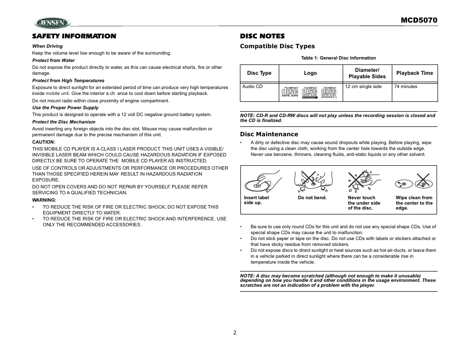 Mcd5070, Safety information | Jensen MCD5070 User Manual | Page 2 / 10