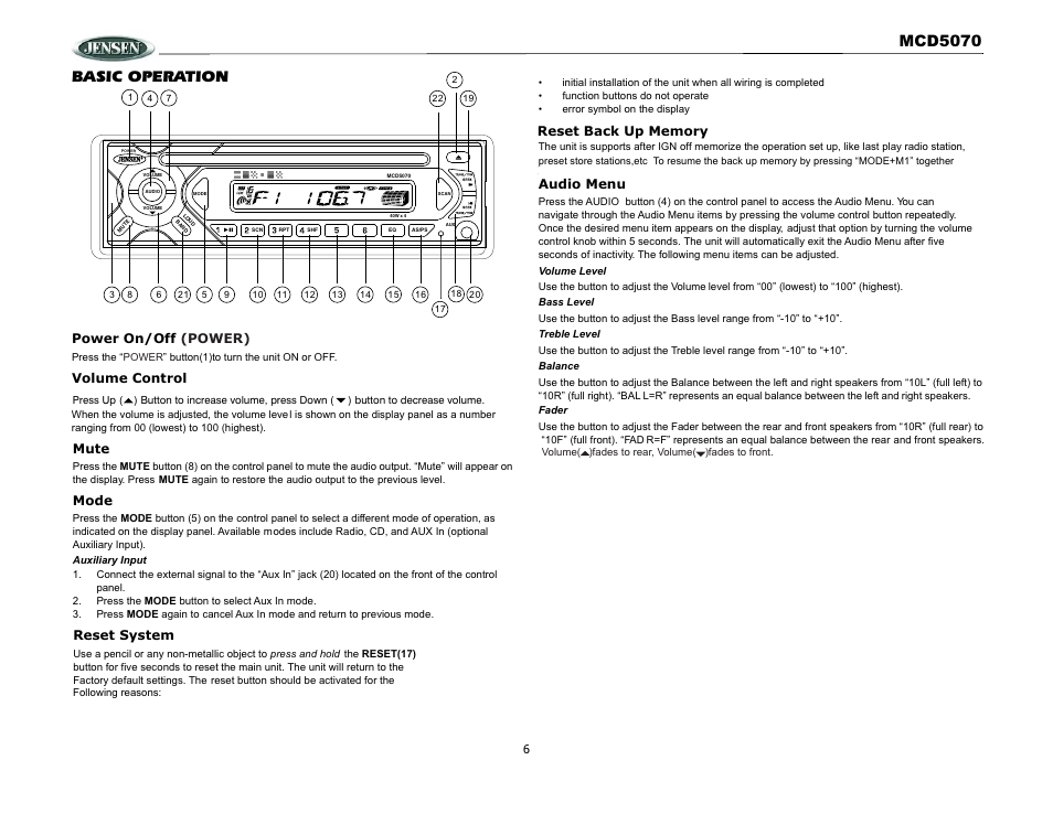 Mcd5070, Basic operation | Jensen MCD5070 User Manual | Page 6 / 10