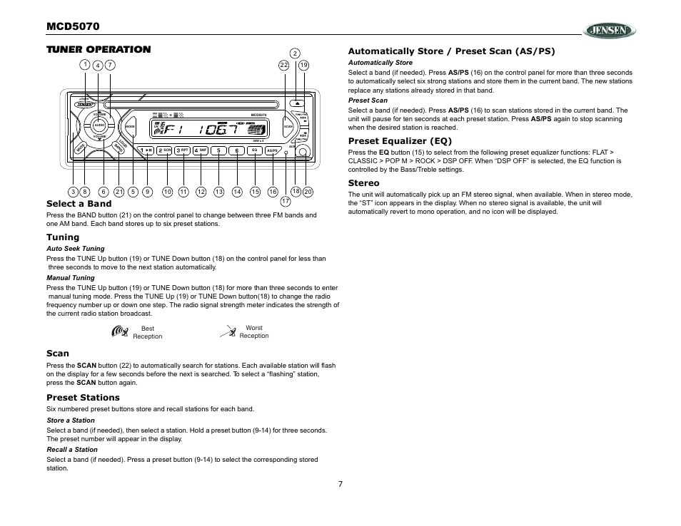 Mcd5070, Tuner operation, Select a band | Tuning, Scan, Preset stations, Automatically store / preset scan (as/ps), Preset equalizer (eq), Stereo | Jensen MCD5070 User Manual | Page 7 / 10