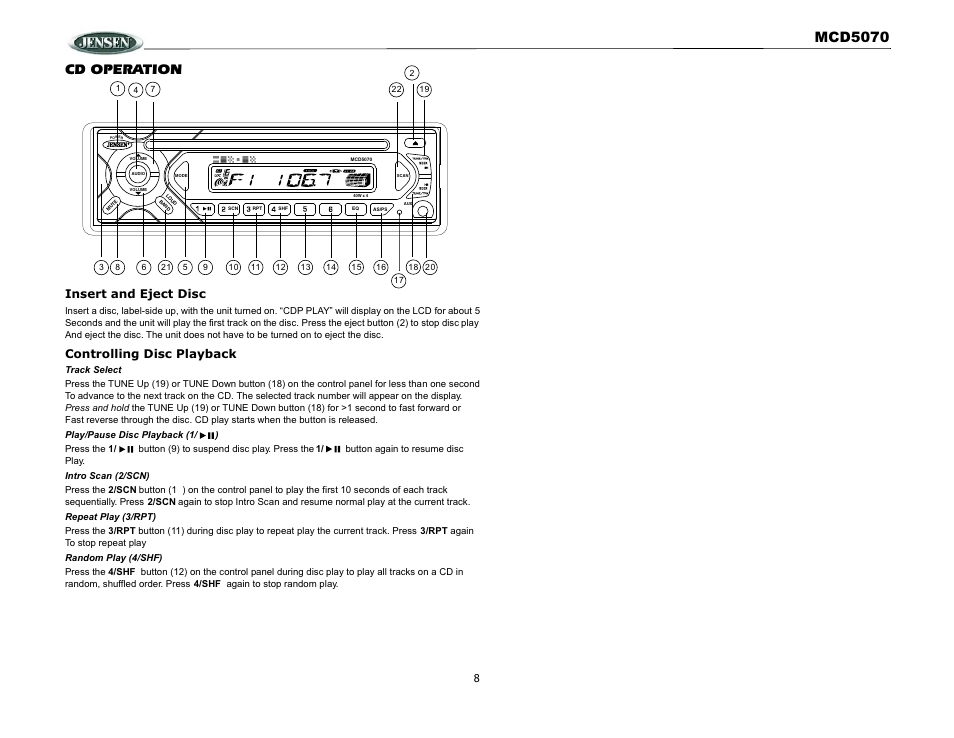 Mcd5070, Cd operation, Insert and eject disc | Controlling disc playback | Jensen MCD5070 User Manual | Page 8 / 10