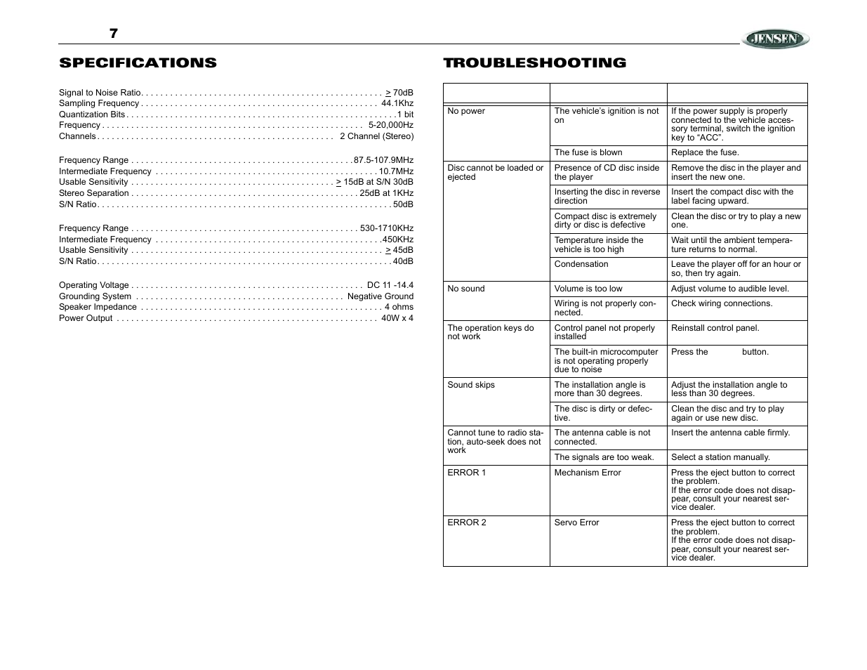 Mcd5070, Specifications, Troubleshooting | Jensen MCD5070 User Manual | Page 9 / 10