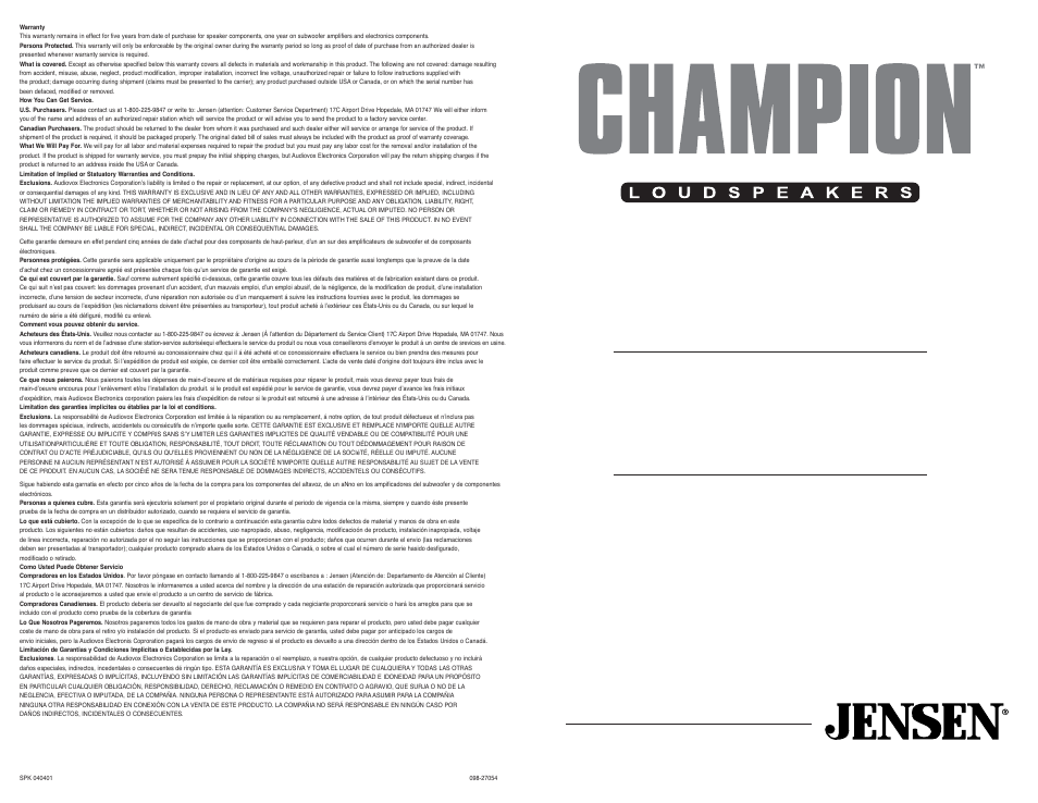 Jensen Champion User Manual | 6 pages
