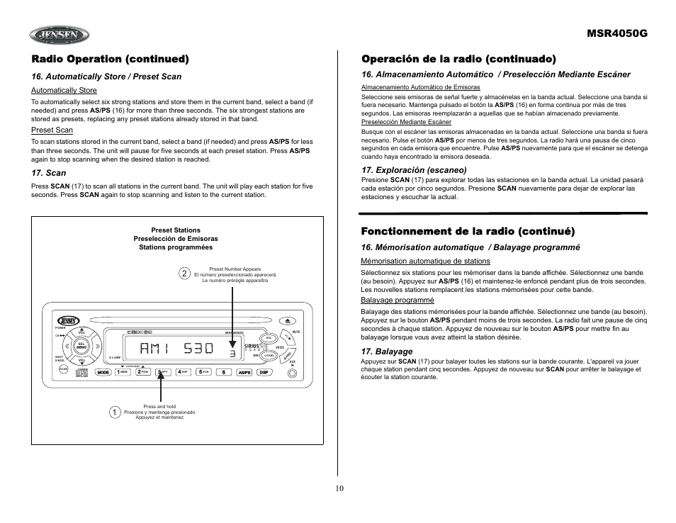 Radio operation (continued), Automatically store / preset scan, Scan | Operación de la radio (continuado), Exploración (escaneo), Mémorisation automatique / balayage programmé, Balayage, Msr4050g, Fonctionnement de la radio (continué) | Jensen MSR4050G User Manual | Page 10 / 18