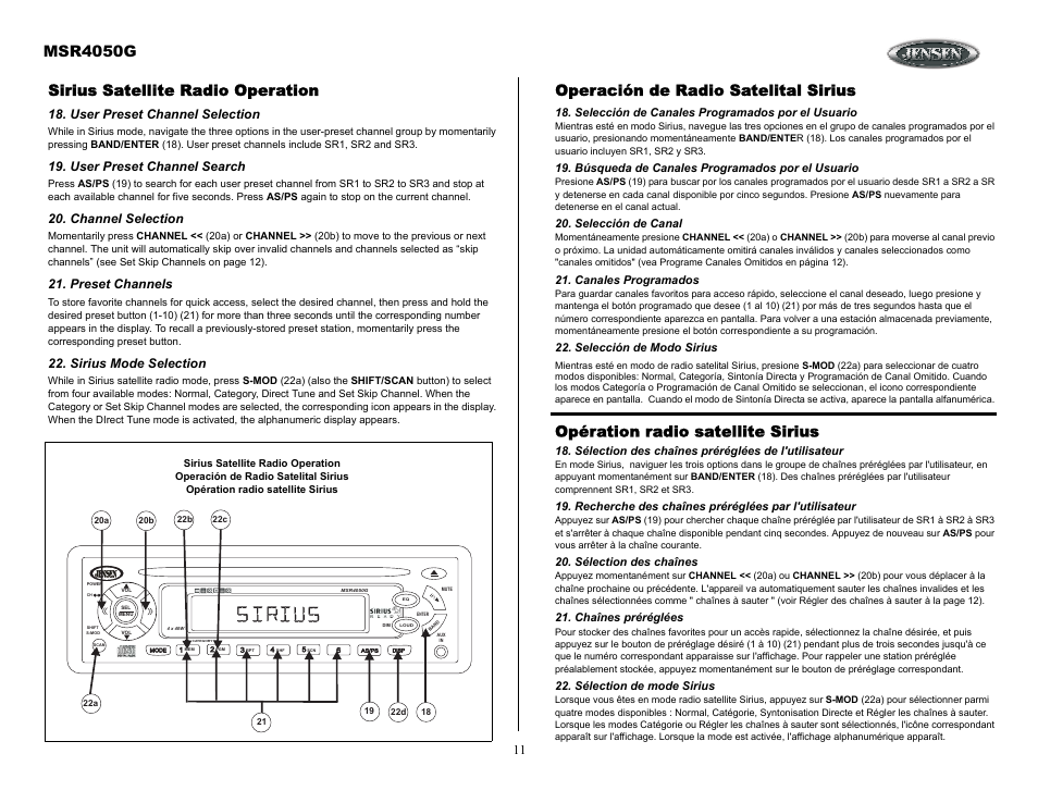 Sirius satellite radio operation, User preset channel selection, User preset channel search | Channel selection, Preset channels, Sirius mode selection, Operación de radio satelital sirius, Selección de canales programados por el usuario, Búsqueda de canales programados por el usuario, Selección de canal | Jensen MSR4050G User Manual | Page 11 / 18