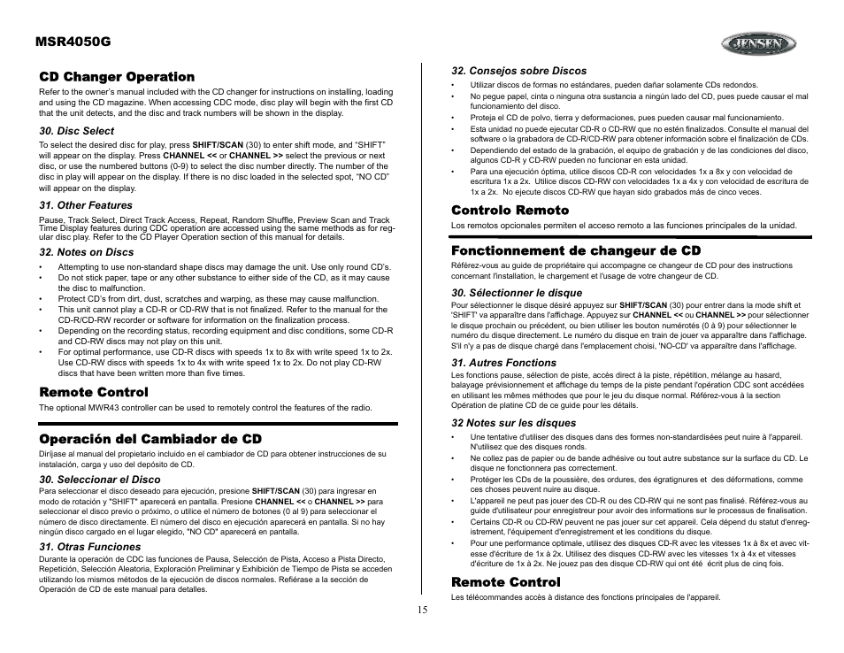 Cd changer operation, Disc select, Other features | Notes on discs, Remote control, Operación del cambiador de cd, Otras funciones, Consejos sobre discos, Controlo remoto, Fonctionnement de changeur de cd | Jensen MSR4050G User Manual | Page 15 / 18