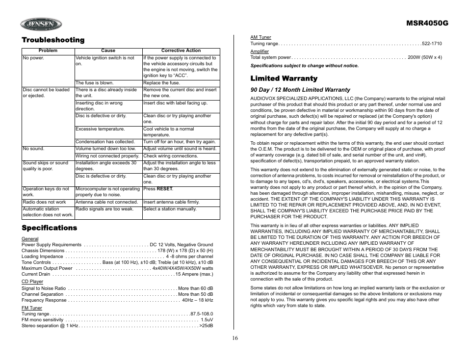 90 day / 12 month limited warranty, Troubleshooting, Msr4050g | Troubleshooting specifications, Limited warranty | Jensen MSR4050G User Manual | Page 16 / 18