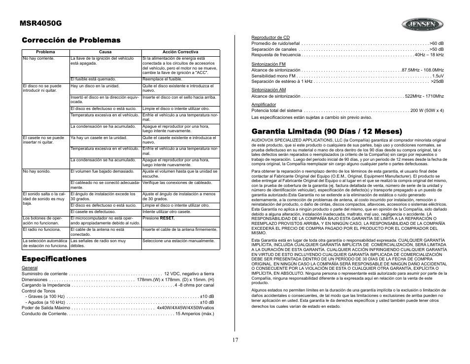 Garantia limitada (90 días / 12 meses), Msr4050g, Corrección de problemas especificationes | Jensen MSR4050G User Manual | Page 17 / 18