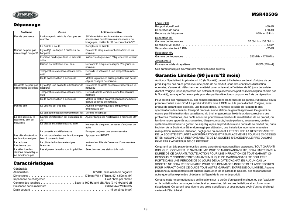 Garantie limitée (90 jours/12 mois), Msr4050g, Dépannage caractéristiques | Jensen MSR4050G User Manual | Page 18 / 18