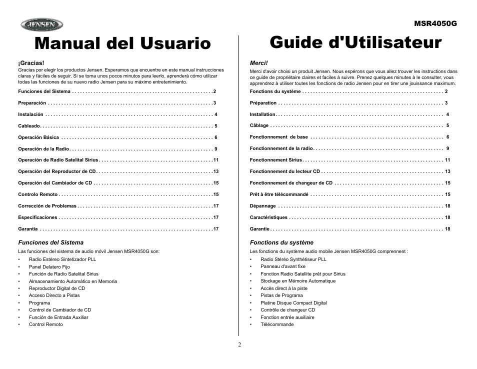 Funciones del sistema, Merci, Fonctions du système | Manual del usuario guide d'utilisateur, Msr4050g | Jensen MSR4050G User Manual | Page 2 / 18
