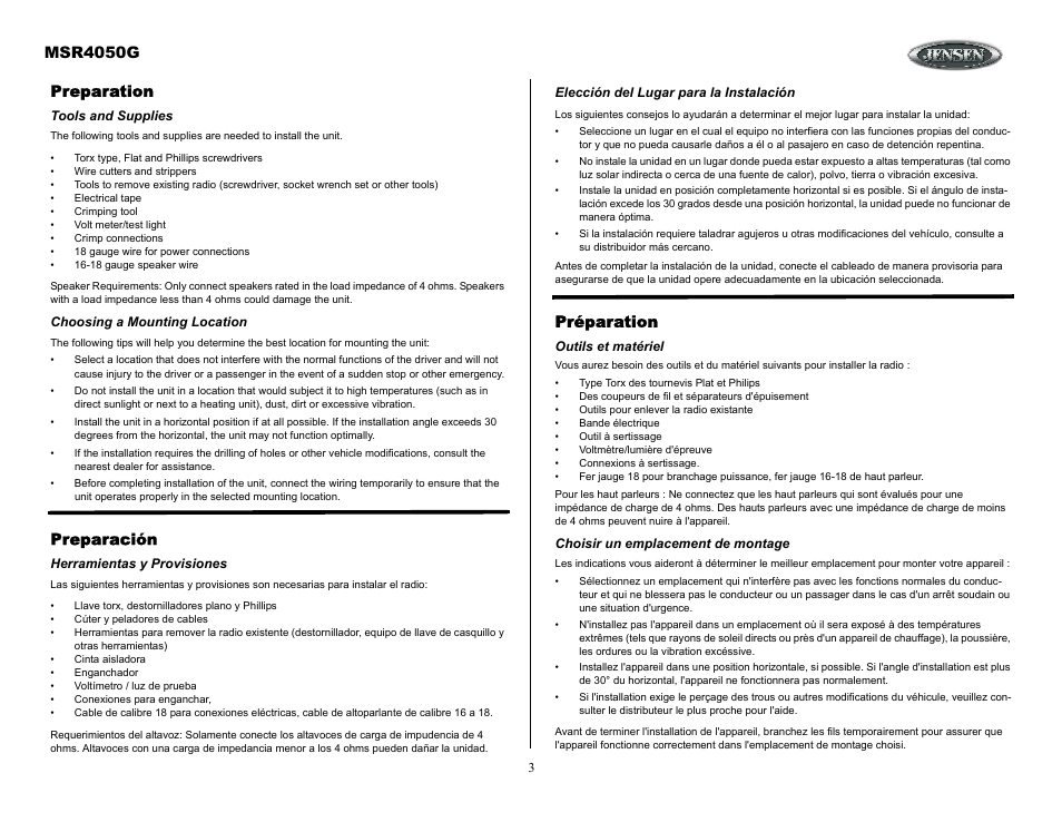 Preparation, Tools and supplies, Choosing a mounting location | Preparación, Herramientas y provisiones, Elección del lugar para la instalación, Préparation, Outils et matériel, Choisir un emplacement de montage, Msr4050g | Jensen MSR4050G User Manual | Page 3 / 18