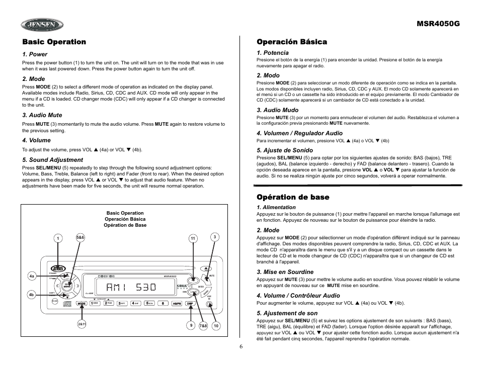 Basic operation, Power, Mode | Audio mute, Volume, Sound adjustment, Operación básica, Potencia, Modo, Audio mudo | Jensen MSR4050G User Manual | Page 6 / 18