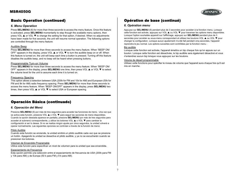 Opération menu, Basic operation (continued), Menu operation | Operación básica (continuado), Operación del menú | Jensen MSR4050G User Manual | Page 7 / 18