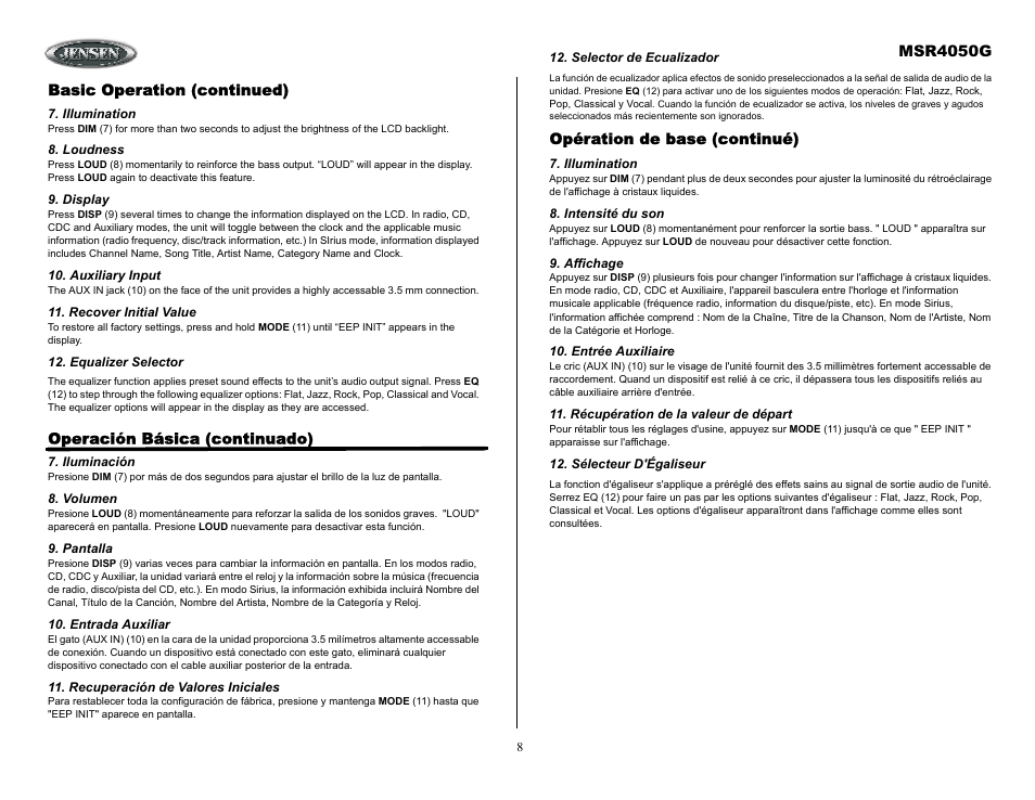 Basic operation (continued), Illumination, Loudness | Display, Auxiliary input, Recover initial value, Equalizer selector, Operación básica (continuado), Iluminación, Volumen | Jensen MSR4050G User Manual | Page 8 / 18