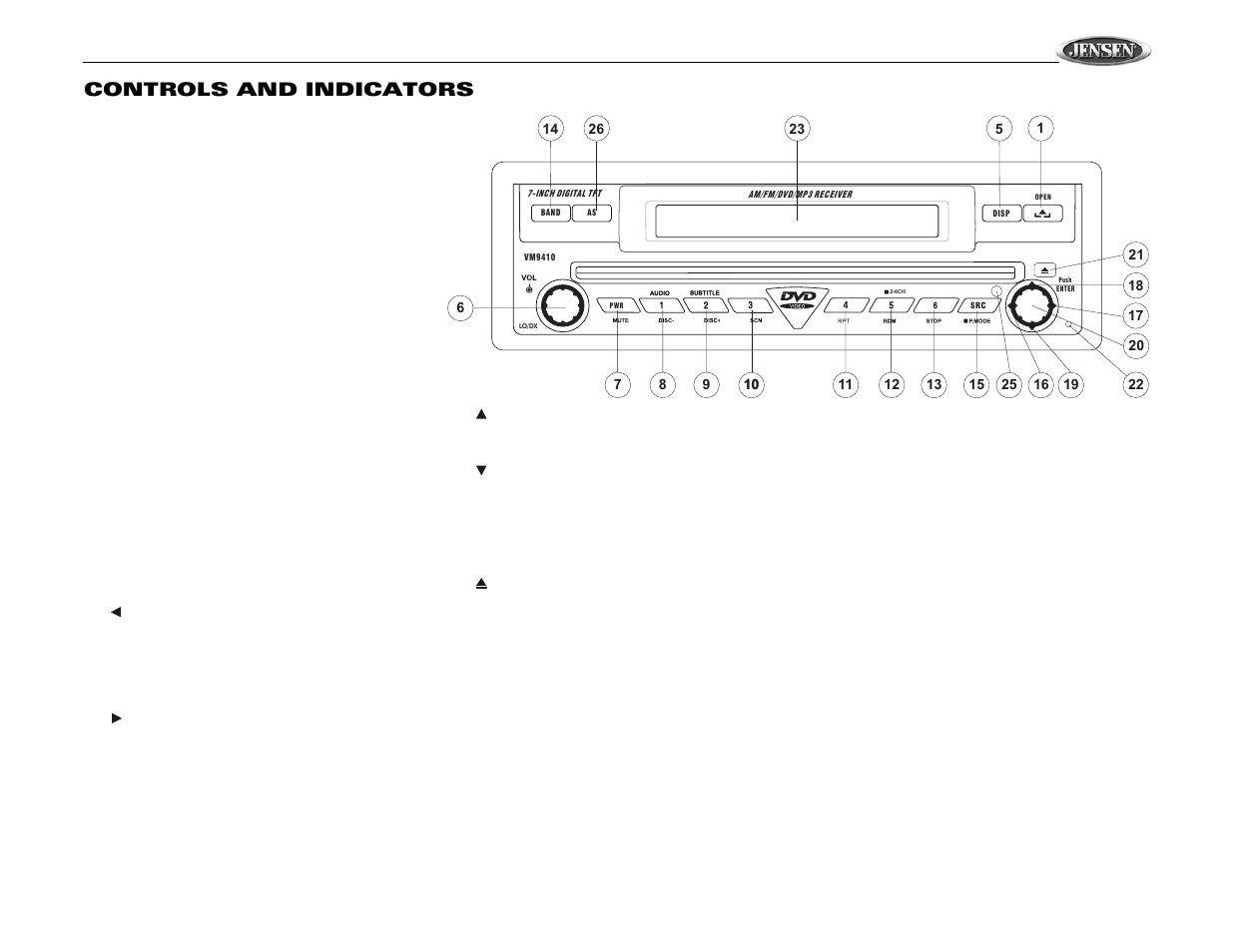 Vm9410, Controls and indicators | Jensen Mobile Multimedia AM/FM/DVD Receiver VM9410 User Manual | Page 7 / 25