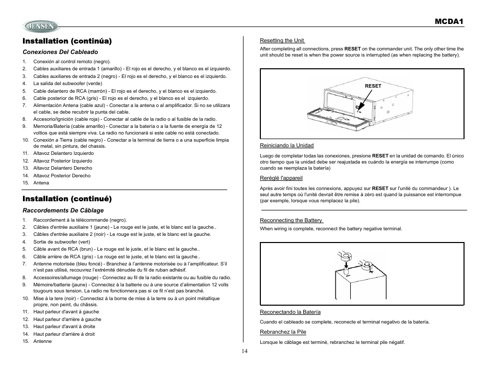 Installation (continúa), Conexiones del cableado, Conexión al control remoto (negro) | La salida del subwoofer (verde), Altavoz delantero izquierdo, Altavoz posterior izquierdo, Altavoz delantero derecho, Altavoz posterior derecho, Antena, Installation (continué) | Jensen MCDA1 User Manual | Page 14 / 28