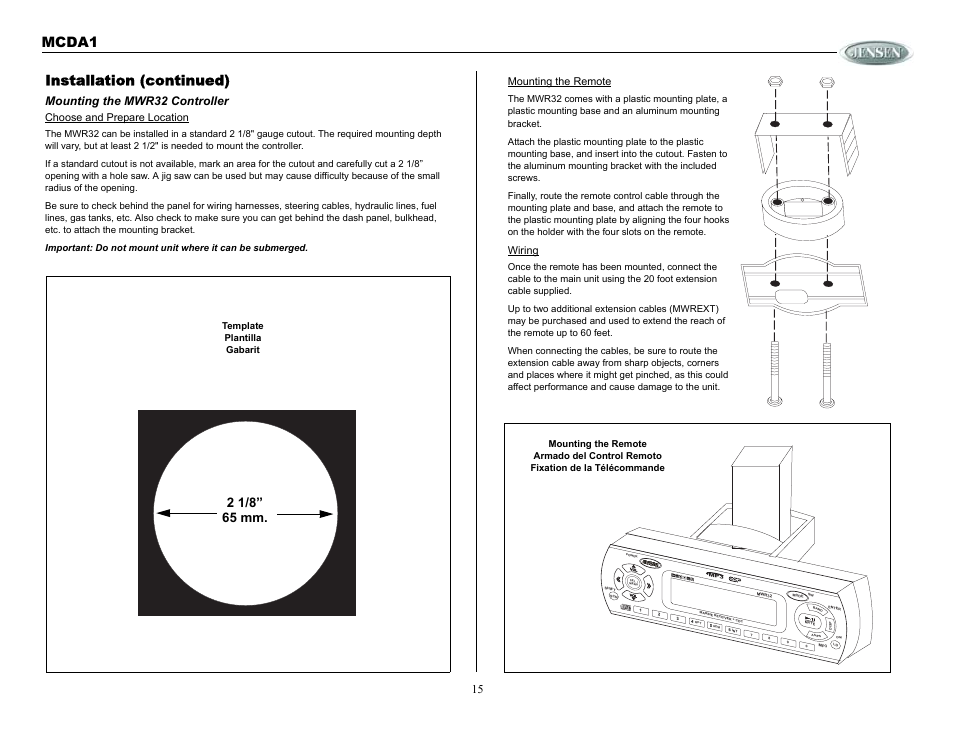 Installation (continued), Mounting the mwr32 controller, Mcda1 | Choose and prepare location, Mounting the remote, Wiring | Jensen MCDA1 User Manual | Page 15 / 28