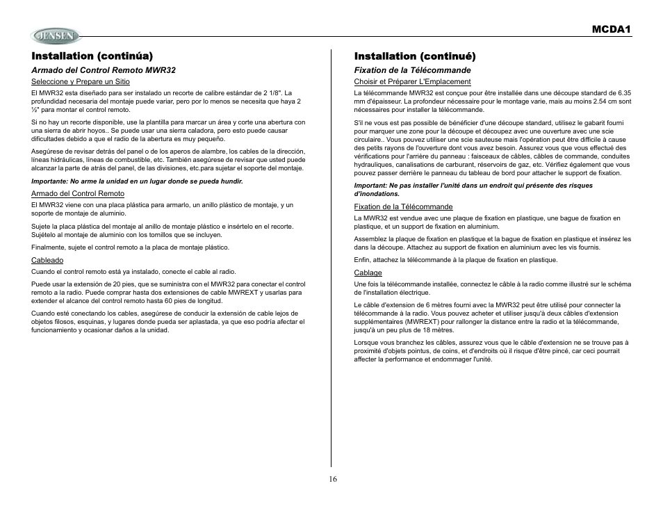 Installation (continúa), Armado del control remoto mwr32, Installation (continué) | Fixation de la télécommande, Mcda1 installation (continúa) | Jensen MCDA1 User Manual | Page 16 / 28