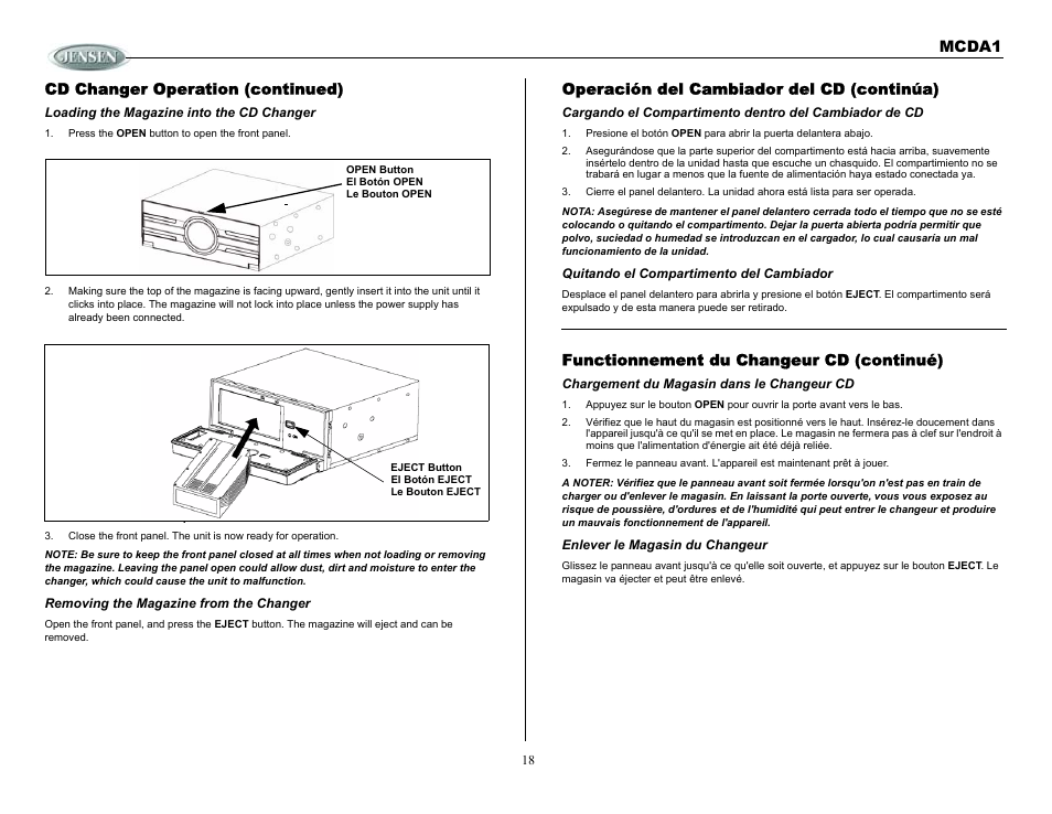 Cd changer operation (continued), Loading the magazine into the cd changer, Press the open button to open the front panel | Removing the magazine from the changer, Operación del cambiador del cd (continúa), Quitando el compartimento del cambiador, Functionnement du changeur cd (continué), Chargement du magasin dans le changeur cd, Enlever le magasin du changeur, Mcda1 operación del cambiador del cd (continúa) | Jensen MCDA1 User Manual | Page 18 / 28