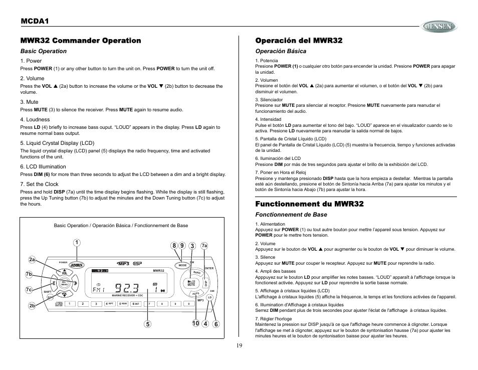 Operación del mwr32, Operación básica, Functionnement du mwr32 | Fonctionnement de base, Mwr32 commander operation, Basic operation, Mcda1 | Jensen MCDA1 User Manual | Page 19 / 28