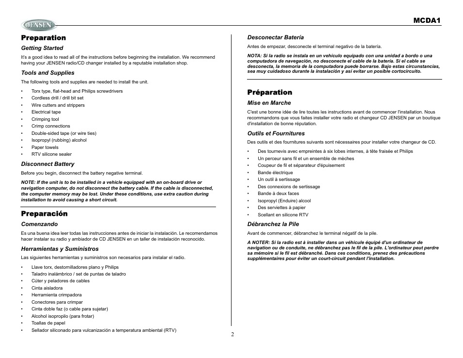 Preparation, Getting started, Tools and supplies | Disconnect battery, Preparación, Comenzando, Herramientas y suministros, Desconectar batería, Préparation, Mise en marche | Jensen MCDA1 User Manual | Page 2 / 28