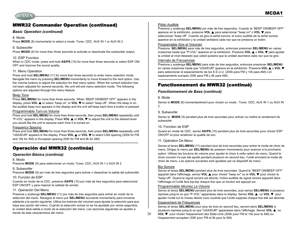 Functionnement du mwr32 (continué), Fonctionnement de base (continué), Opération de menu | Mwr32 commander operation (continued), Basic operation (continued), Menu operation, Operación del mwr32 (continúa), Operación básica (continúa), Operación del menú, Mcda1 | Jensen MCDA1 User Manual | Page 20 / 28