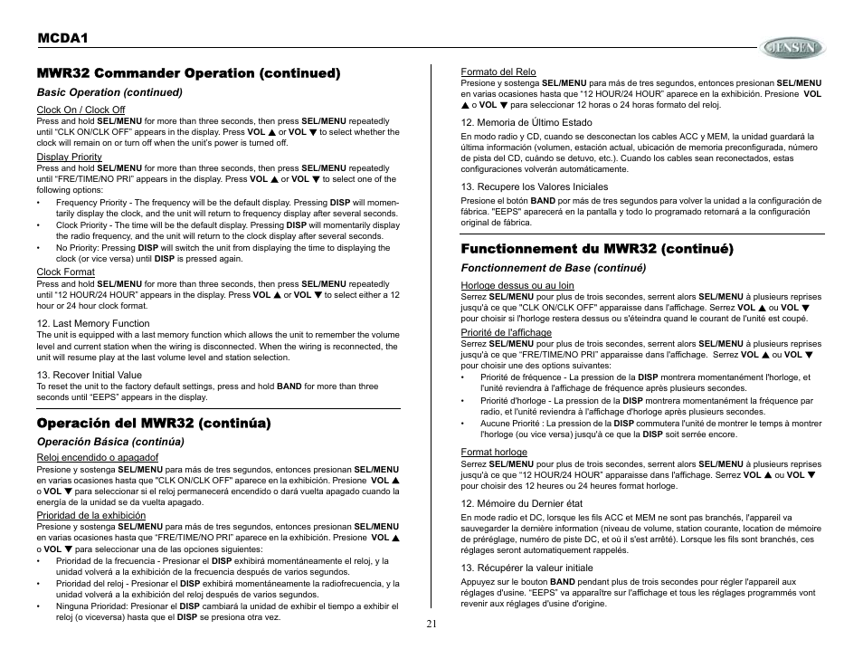 Functionnement du mwr32 (continué), Fonctionnement de base (continué), Mwr32 commander operation (continued) | Basic operation (continued), Operación del mwr32 (continúa), Operación básica (continúa), Mcda1 | Jensen MCDA1 User Manual | Page 21 / 28