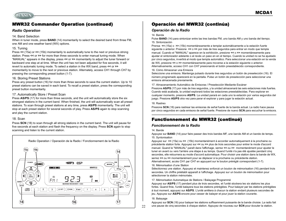 Operación del mwr32 (continúa), Operación de la radio, Functionnement du mwr32 (continué) | Fonctionnement de la radio, Mwr32 commander operation (continued), Radio operation, Mcda1 | Jensen MCDA1 User Manual | Page 22 / 28