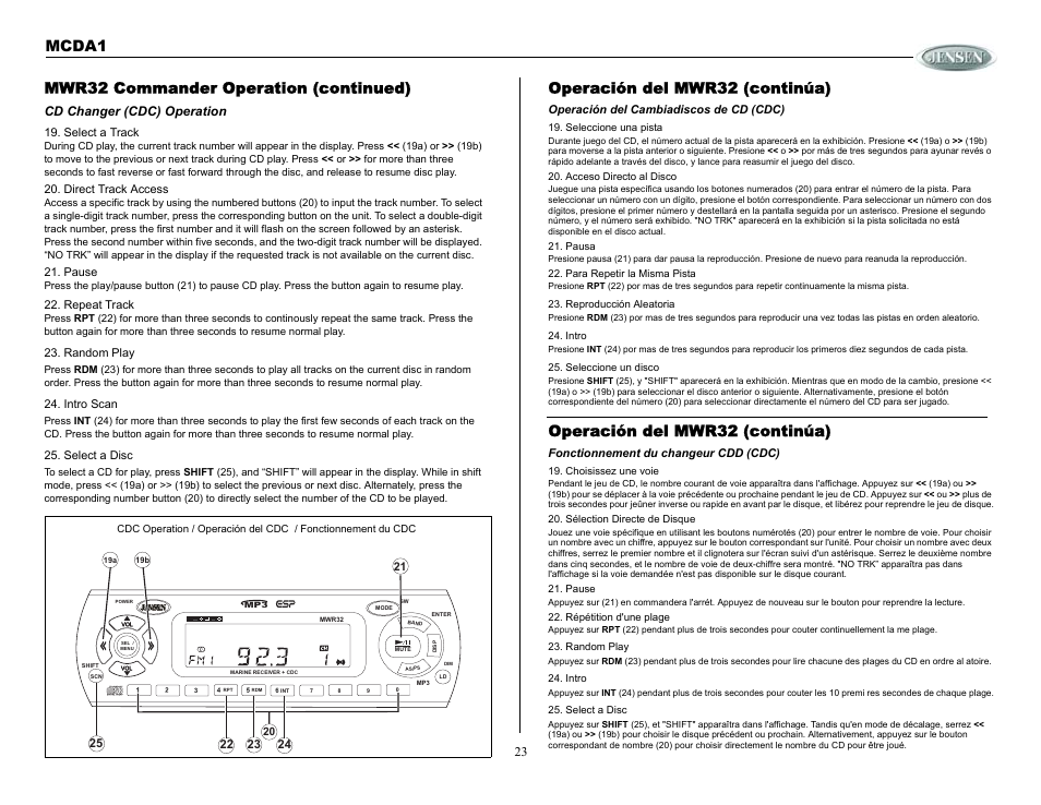 Operación del mwr32 (continúa), Operación del cambiadiscos de cd (cdc), Fonctionnement du changeur cdd (cdc) | Mwr32 commander operation (continued), Cd changer (cdc) operation, Mcda1 | Jensen MCDA1 User Manual | Page 23 / 28