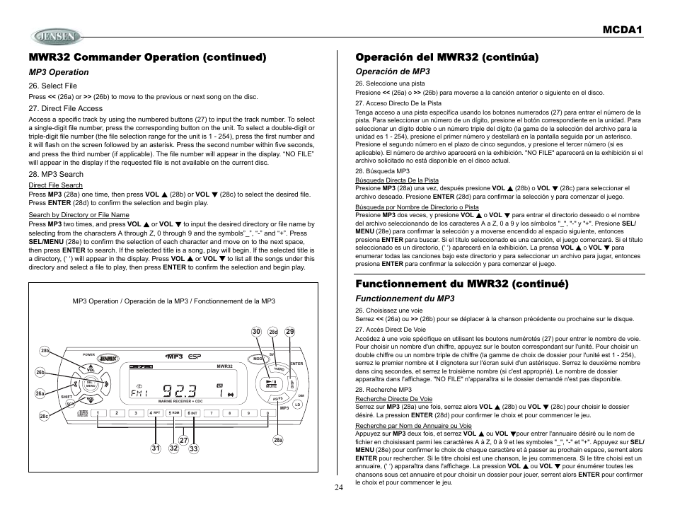 Operación del mwr32 (continúa), Operación de mp3, Functionnement du mwr32 (continué) | Functionnement du mp3, Mwr32 commander operation (continued), Mp3 operation, Mcda1 | Jensen MCDA1 User Manual | Page 24 / 28