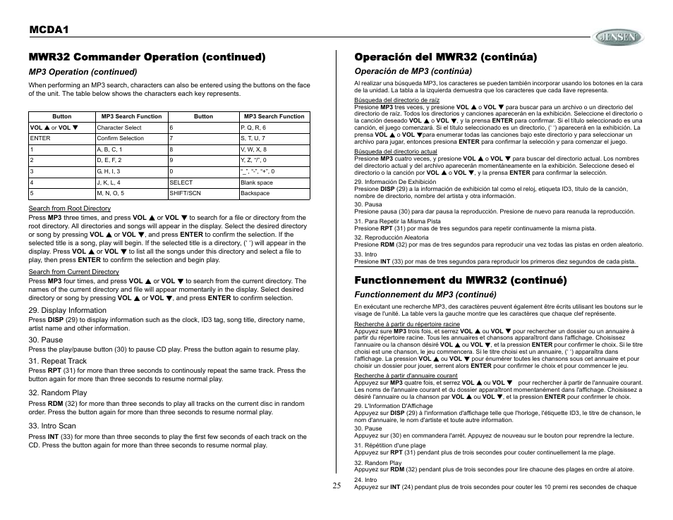 Operación del mwr32 (continúa), Operación de mp3 (continúa), Functionnement du mwr32 (continué) | Functionnement du mp3 (continué), Mwr32 commander operation (continued), Mp3 operation (continued), Mcda1 operación del mwr32 (continúa) | Jensen MCDA1 User Manual | Page 25 / 28