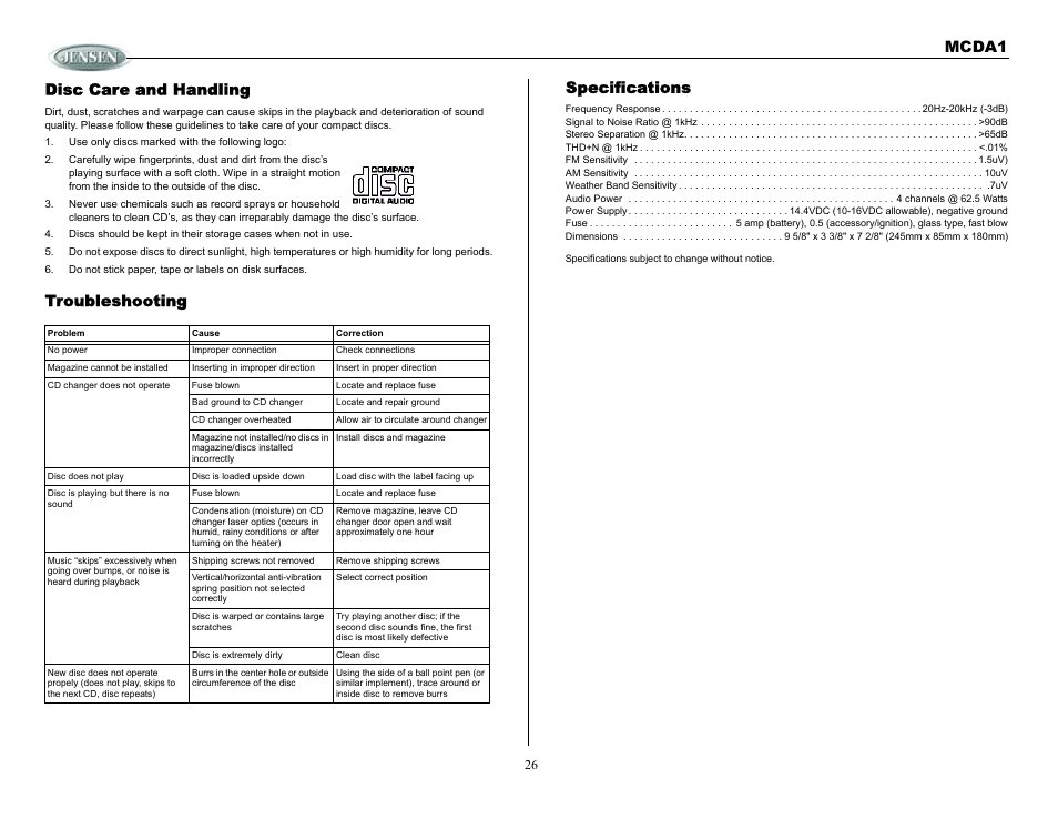 Disc care and handling, Use only discs marked with the following logo, Troubleshooting | Specifications, Specifications subject to change without notice, Mcda1 disc care and handling | Jensen MCDA1 User Manual | Page 26 / 28