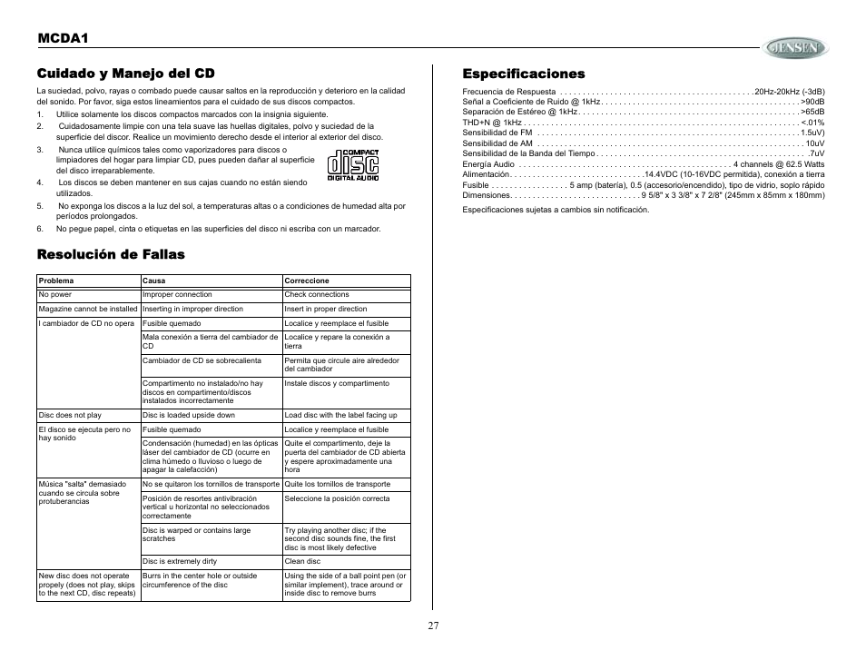 Especificaciones, Cuidado y manejo del cd, Resolución de fallas | Mcda1 especificaciones | Jensen MCDA1 User Manual | Page 27 / 28