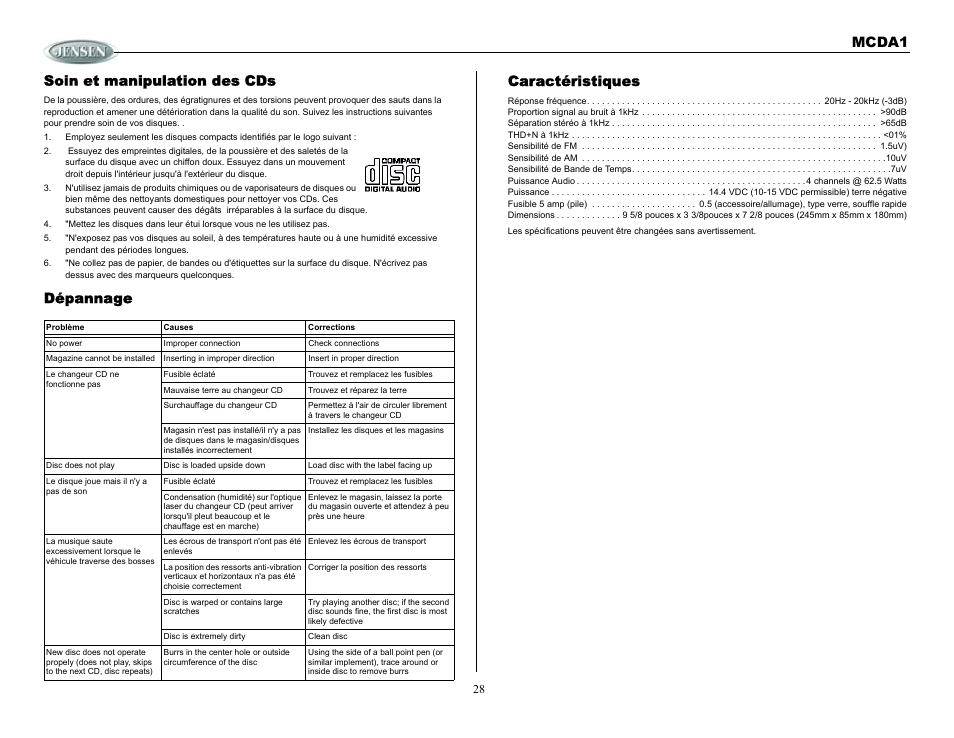 Caractéristiques, Soin et manipulation des cds, Dépannage | Mcda1 soin et manipulation des cds | Jensen MCDA1 User Manual | Page 28 / 28