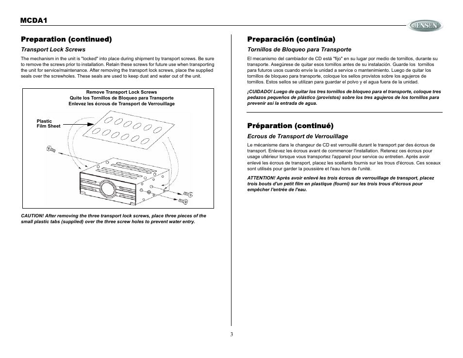 Preparation (continued), Transport lock screws, Preparación (continúa) | Tornillos de bloqueo para transporte, Préparation (continué), Ecrous de transport de verrouillage | Jensen MCDA1 User Manual | Page 3 / 28